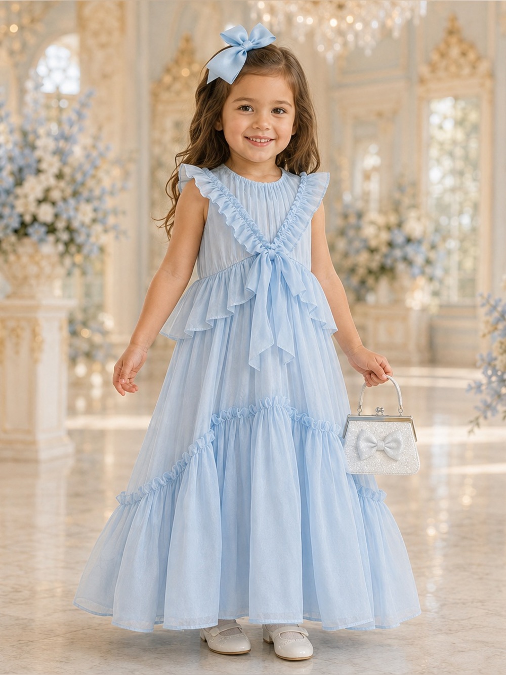 Joyfolie Girls Size 4 Blue Ruffle Maxi Dress Claireโs Purse Hair Bow NWOT